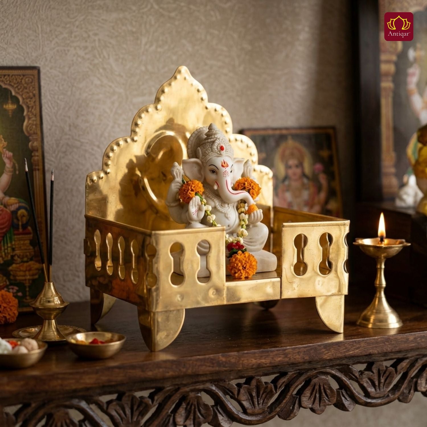 Brass Laddu Gopal Singhasan – 16.5cm | Antique Golden Finish | Handcrafted Medium Size Throne for Temple, Home & Festival Decor