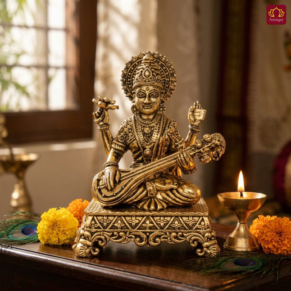 Brass Saraswati Ji Idol - 6cm | Golden Finish | Spritual use for Home, Temple & Car dashboard Decor