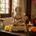 Brass Saraswati Ji Idol - 6cm | Golden Finish | Spritual use for Home, Temple & Car dashboard Decor