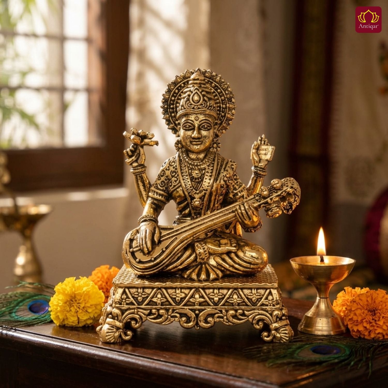 Brass Saraswati Ji Idol - 6cm | Golden Finish | Spritual use for Home, Temple & Car dashboard Decor