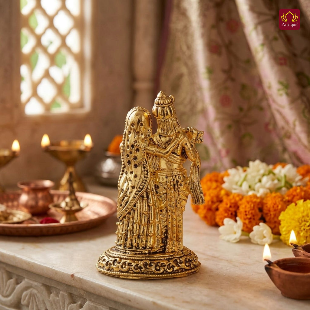Brass Designer Radhakrishna Idol - 6.5cm | Golden Finish | Spiritual Idol for Temple & Home Decor