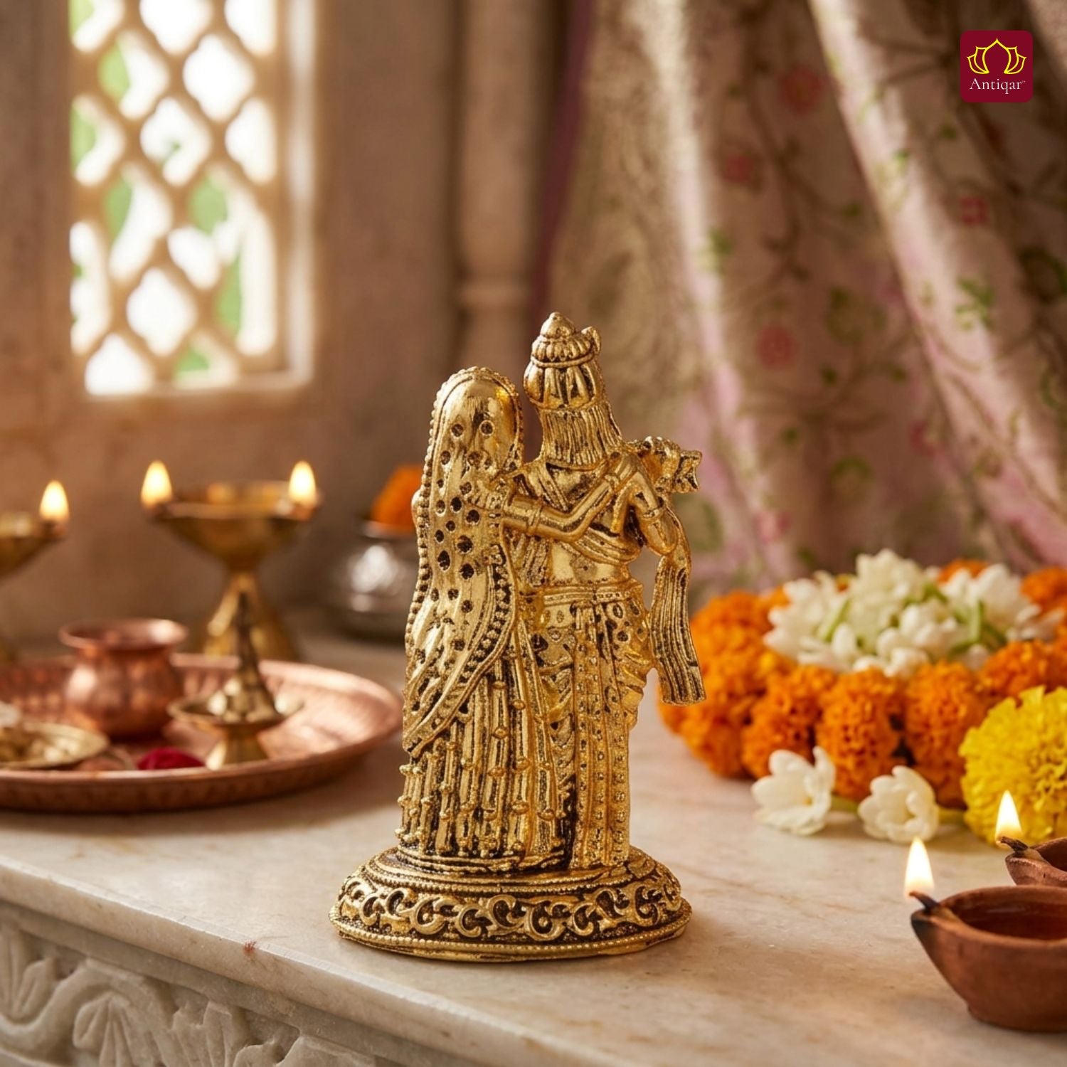 Brass Designer Radhakrishna Idol - 6.5cm | Golden Finish | Spiritual Idol for Temple & Home Decor
