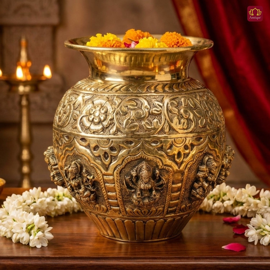 Brass Ashta Lakshmi Kalash - 16cm | Antique Yellow Finish | Spritual use for Pooja, Temple & Festival Decor