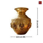 Brass Ashta Lakshmi Kalash - 15cm | Antique Yellow Finish | Spritual use for Pooja, Temple & Festival Decor