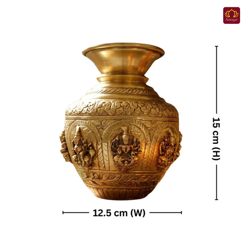 Brass Ashta Lakshmi Kalash - 15cm | Antique Yellow Finish | Spiritual use for Pooja, Temple & Festival Decor