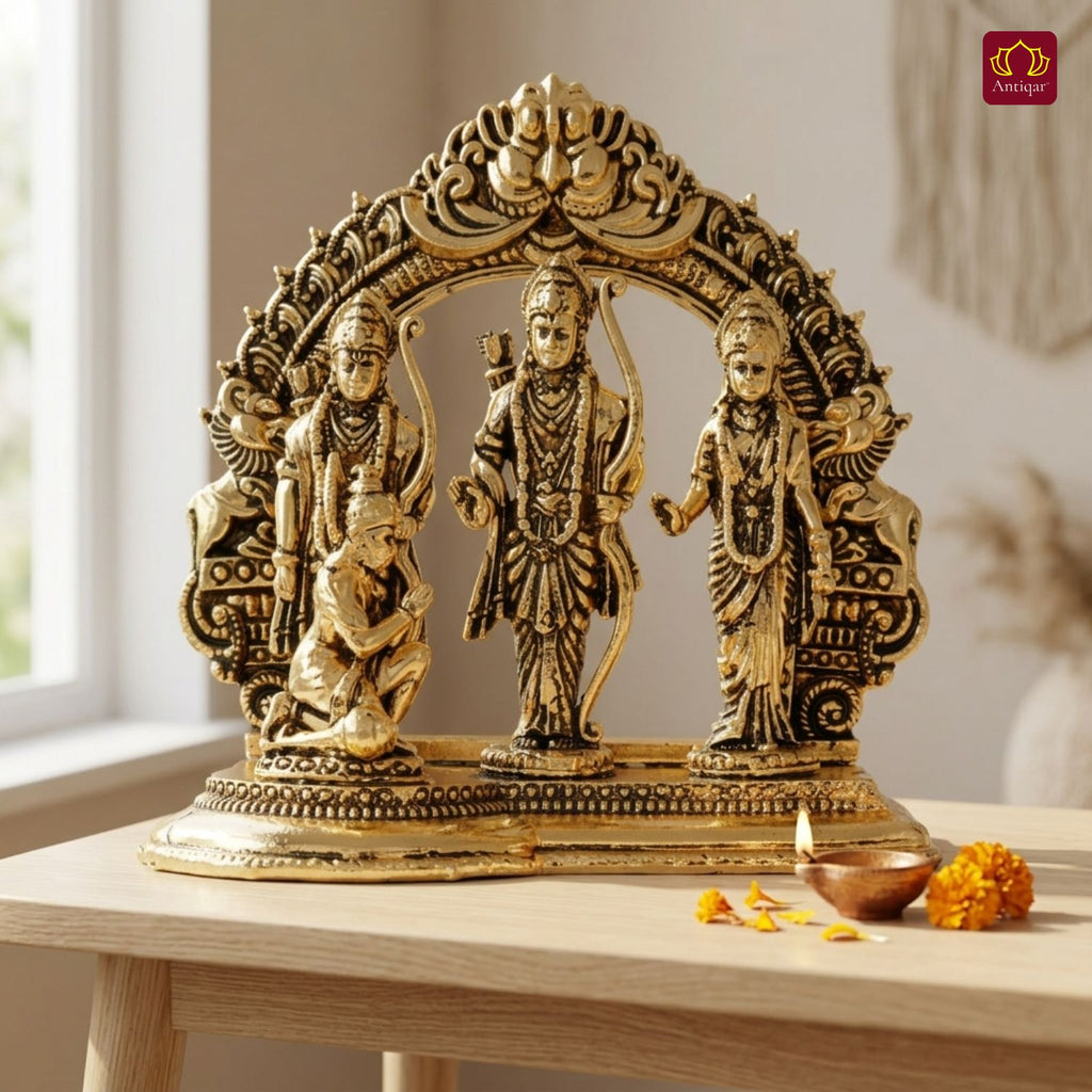 Brass Ram Darbar - 7cm | Antique Golden Finish | Spiritual Idol for Temple & Home Decor