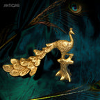 Brass Peacock Showpiece – 21 cm | Sitting on Tree Trunk Design | Antique Golden Finish | Handcrafted Decor for Temple, Home & Table