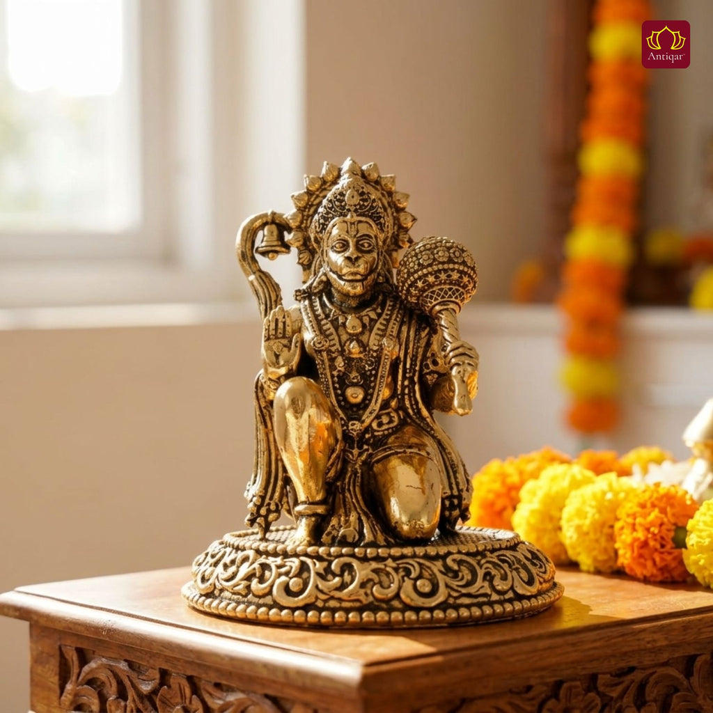 Brass Hanuman Ji Idol -7.5 cm | Golden Finish | Handcrafted Statue for Temple, Home Decor & Car Dashboard