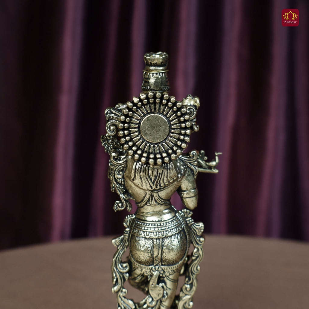 Brass Lord Krishna Idol Playing with Flute - 15cm | Antique Finish | Handcrafted Artwork | Home & Office Decor | Ideal for Gifting & Spiritual Blessings