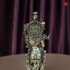Brass Lord Krishna Idol Playing with Flute - 15cm | Antique Finish | Handcrafted Artwork | Home & Office Decor | Ideal for Gifting & Spiritual Blessings
