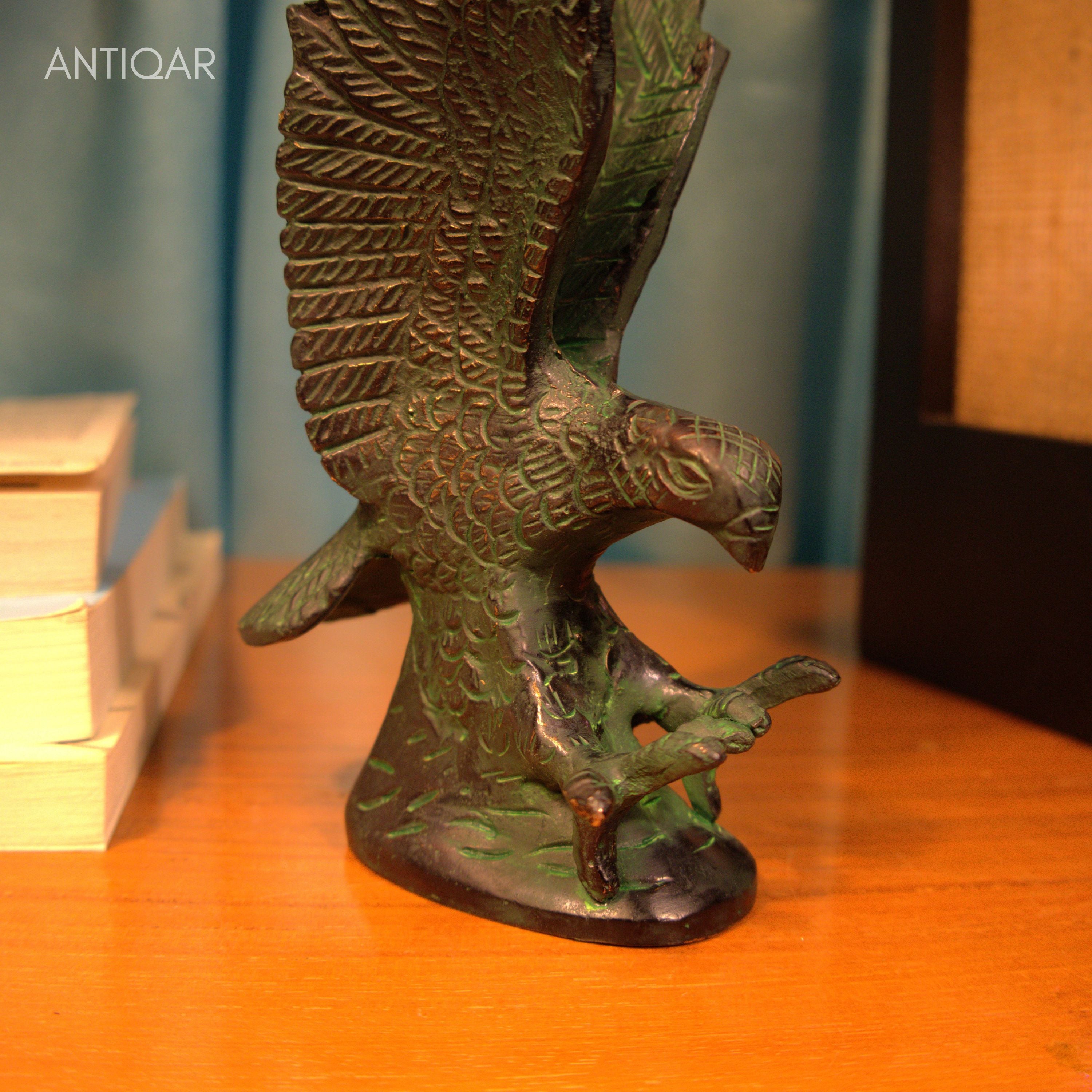 Brass Eagle with Upward Wing - 15.5cm | Green Patina Finish | Handcrafted Showpiece for Home Table Decor