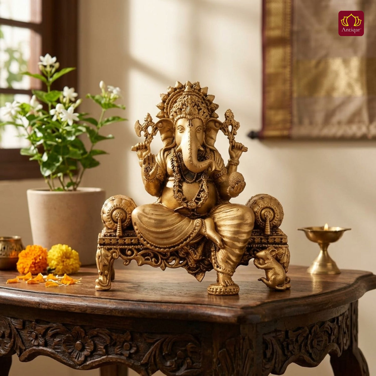 Brass Singhasan Ganesh Idol - 8cm | Antique Golden Finish | Spritual use for Home, Temple & Car dashboard Decor