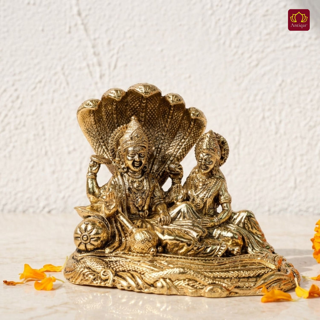 Brass Lakshmi Narayan Idol - 7cm  | Golden Finish | Spiritual Idol for Temple, Home & Car Dashboard Decor