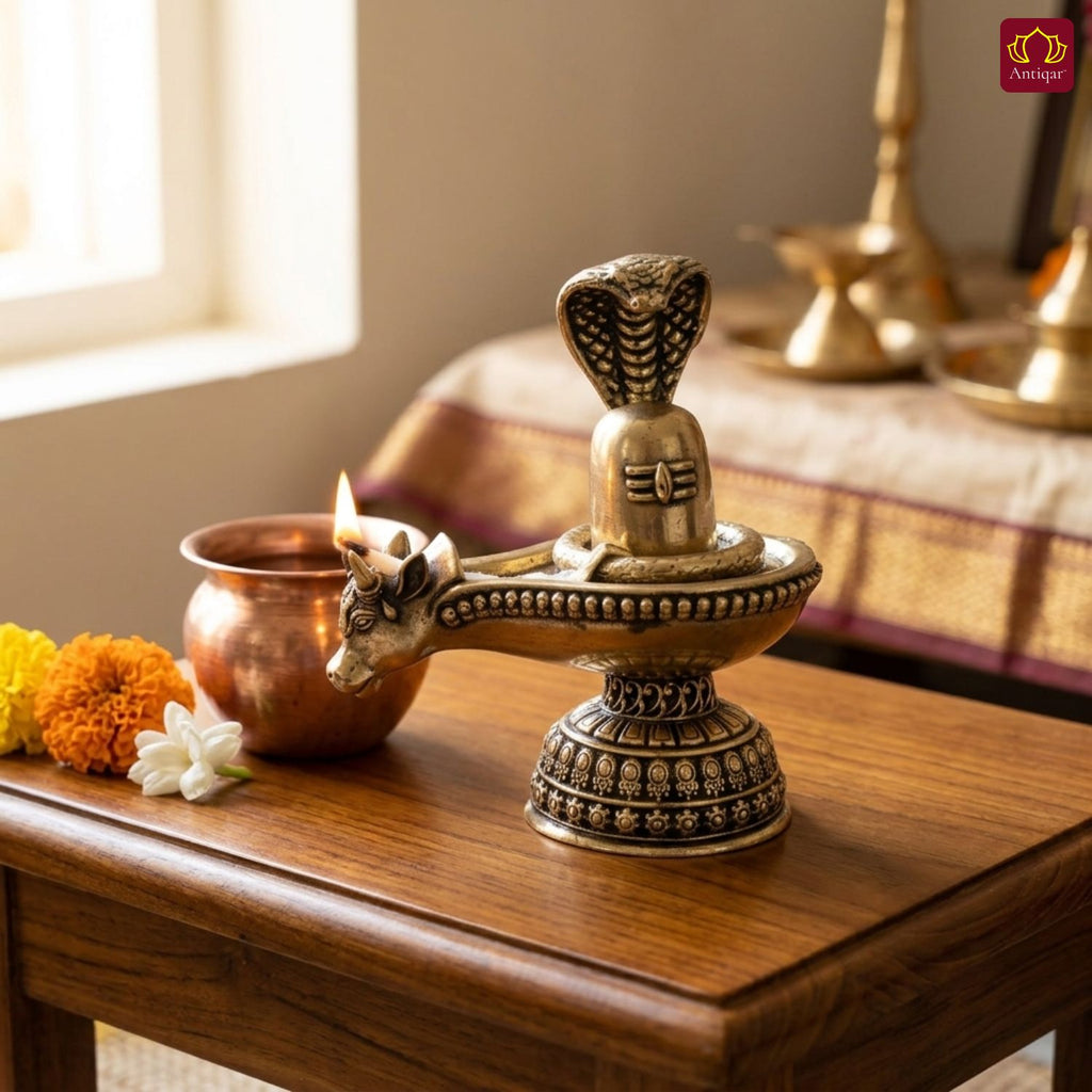 Brass Shivling with Detachable Sheshnaag – 6cm | Golden Finish | Spiritual Idol for Temple & Home Decor