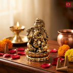 Brass Ganesh JI Idol - 4.5cm | Golden Finish | Spiritual Decor for Temple, Home & Car Dashboard