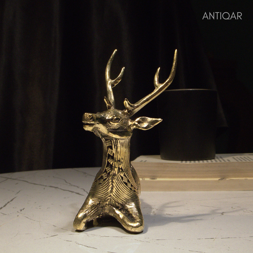 Dhokra Art Brass Deer – 17.5 cm | Sitting Pose in Antique Finish | Tribal Handcrafted Showpiece for Temple, Home & Table Decor