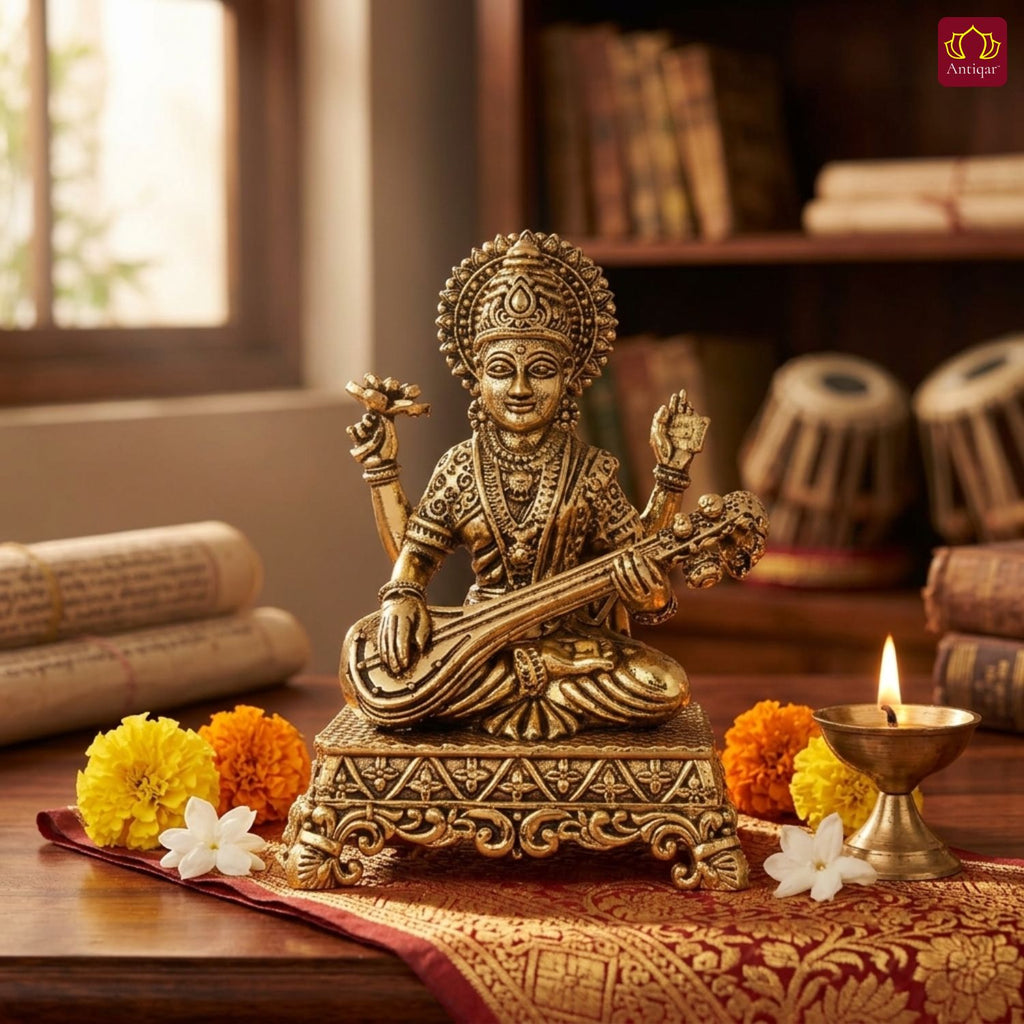 Brass Saraswati Ji Idol - 5.5cm | Golden Finish | Spritual use for Home, Temple & Car dashboard Decor