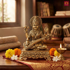 Brass Saraswati Ji Idol - 5.5cm | Golden Finish | Spritual use for Home, Temple & Car dashboard Decor