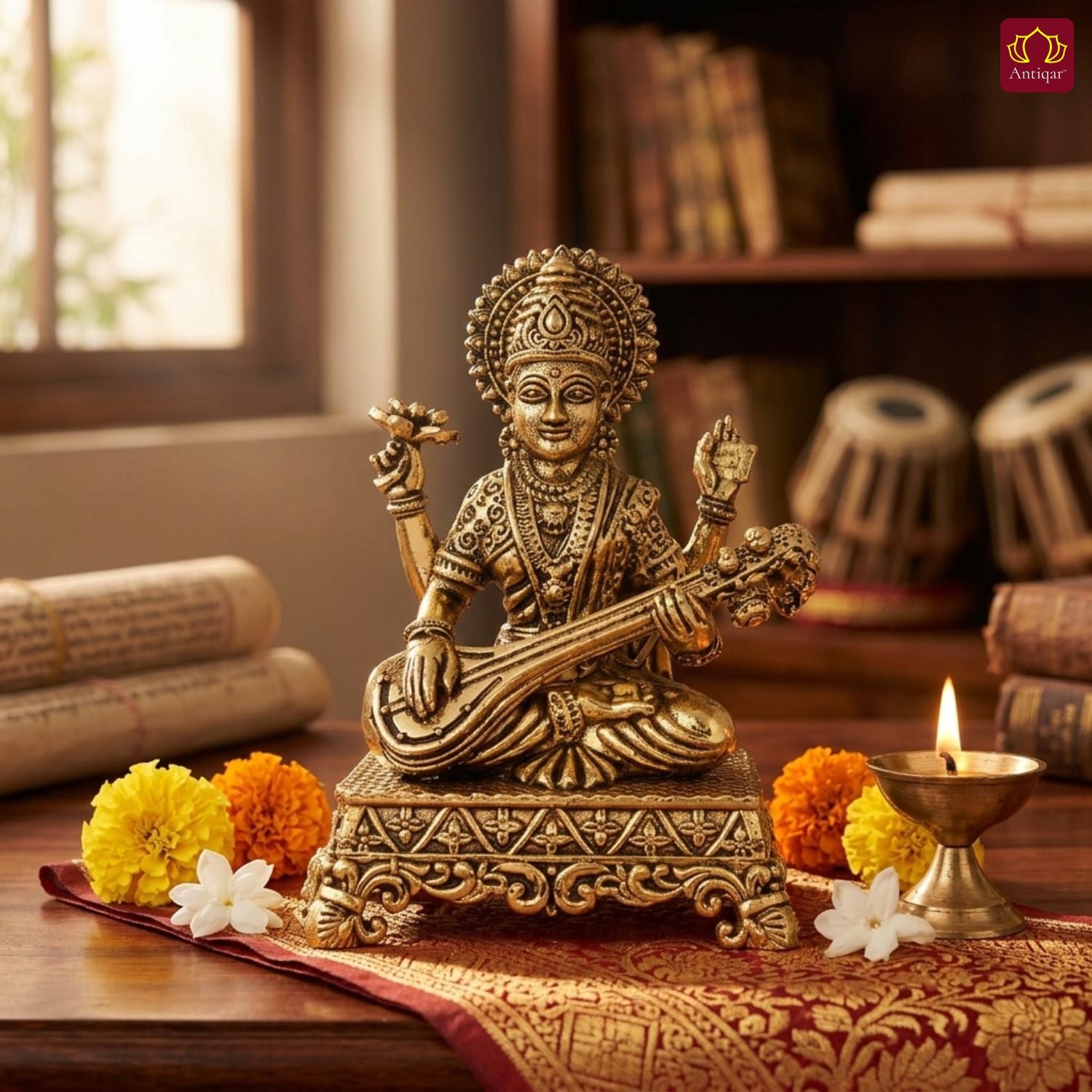 Brass Saraswati Ji Idol - 5.5cm | Golden Finish | Spritual use for Home, Temple & Car dashboard Decor