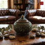 Brass Tibetan Incense Burner - 10cm | Green Patina Finish | Decorative Vessel use for Meditation , Rituals & Aromatherapy