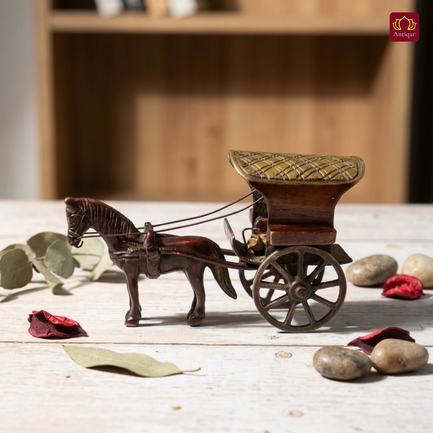 Brass Horse Cart Showpiece – 7.5 cm | Single Horse with Carved Roof | Antique Brown Colored Finish | Handcrafted Decor for Festival, Temple & Home