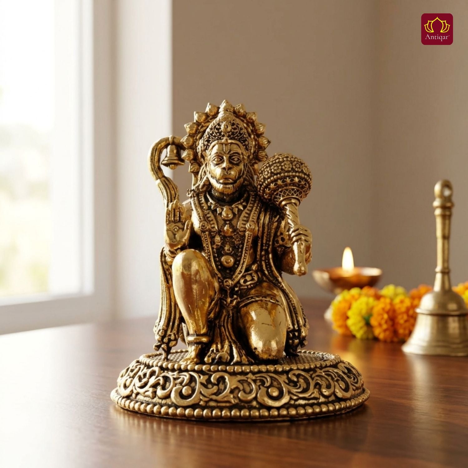 Brass Hanuman Ji Idol - 5cm | Golden Finish | Handcrafted Statue for Temple, Home Decor & Car Dashboard