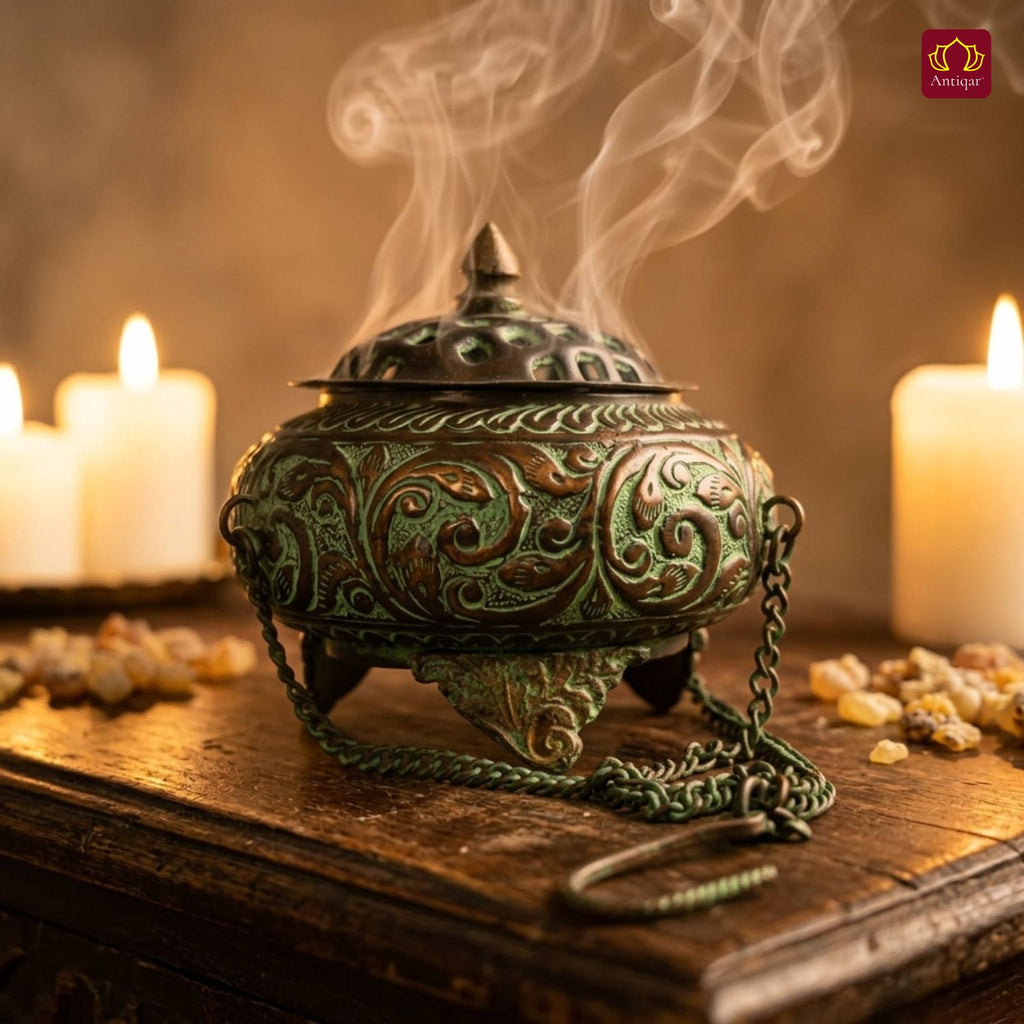 Antique Brass Incense Burner with Chain - 11cm  | Green Patina Finish | Decorative Vessel use for Meditation , Rituals & Aromatherapy