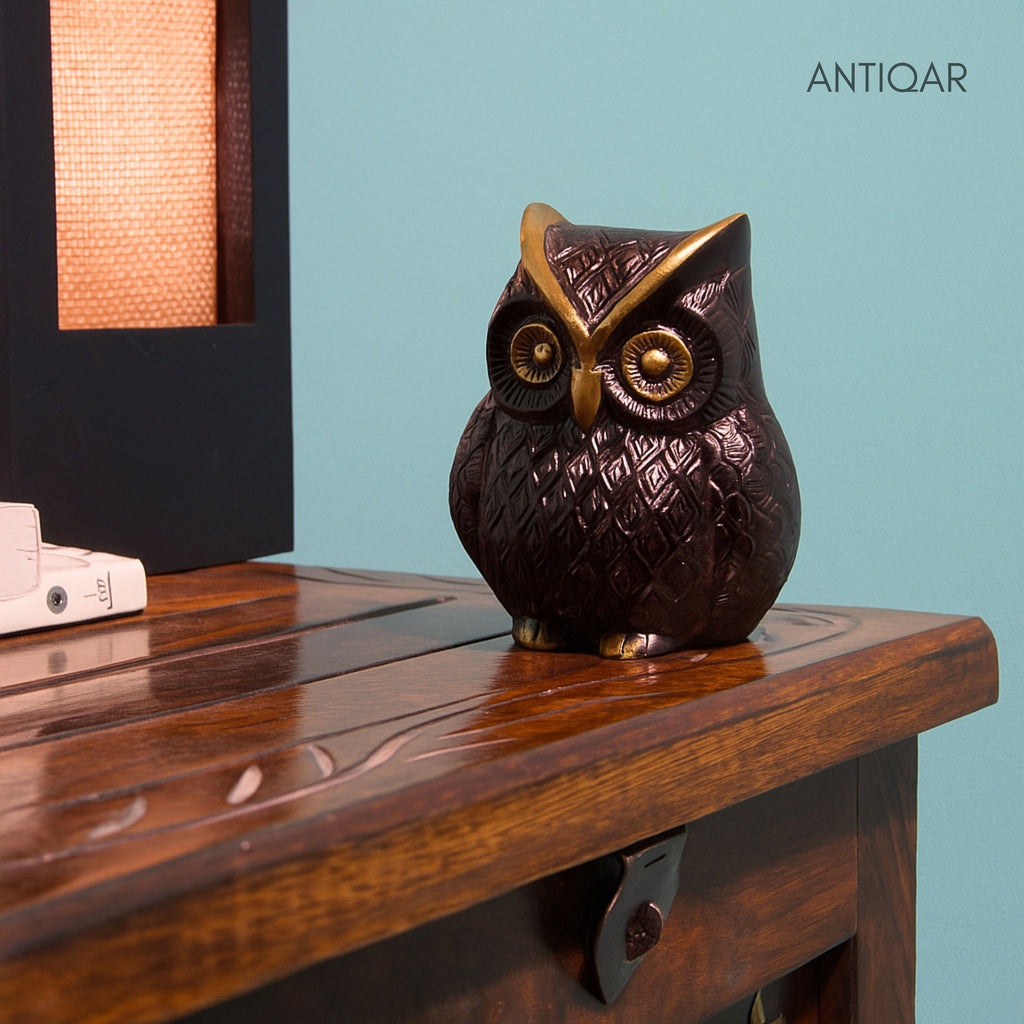 Brass Owl Figurine – 7 cm | Brown Antique Finish | Handcrafted Showpiece for Home, Temple & Table Decor