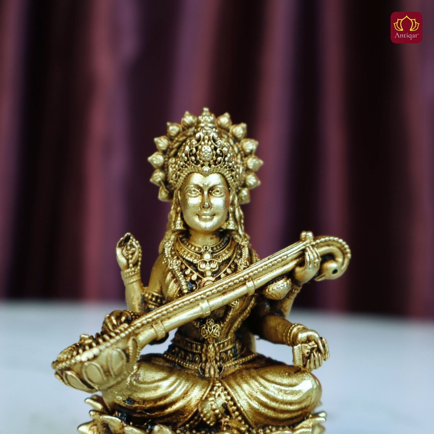 Brass Saraswati Ji Idol - 7.5cm | Antique Golden Finish | Spiritual Idol for Temple & Home Decor