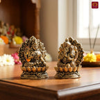 Brass Ganesh Laxmi Pair Idol - 4 cm | Golden Finish With Frame | Spiritual Idol for Temple & Home Decor