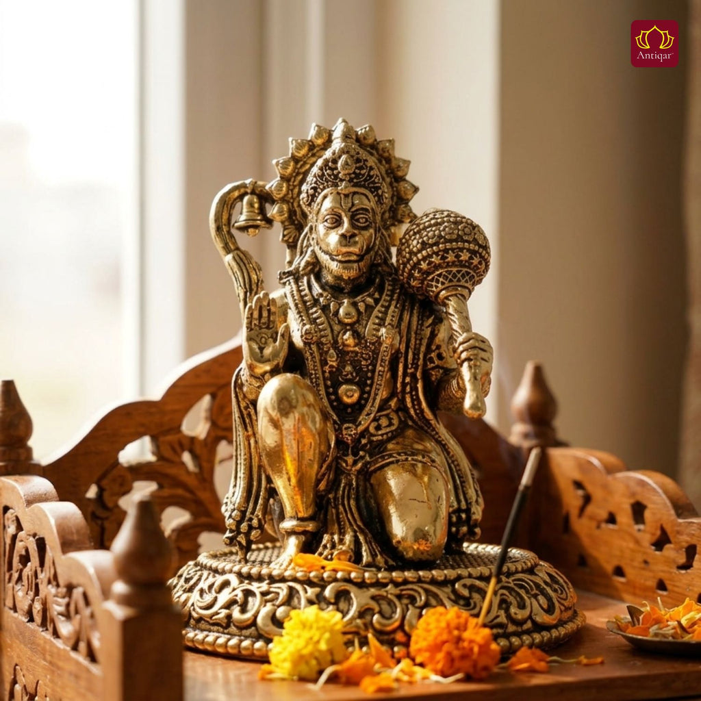 Brass Hanuman Ji Idol - 5cm | Golden Finish | Handcrafted Statue for Temple, Home Decor & Car Dashboard
