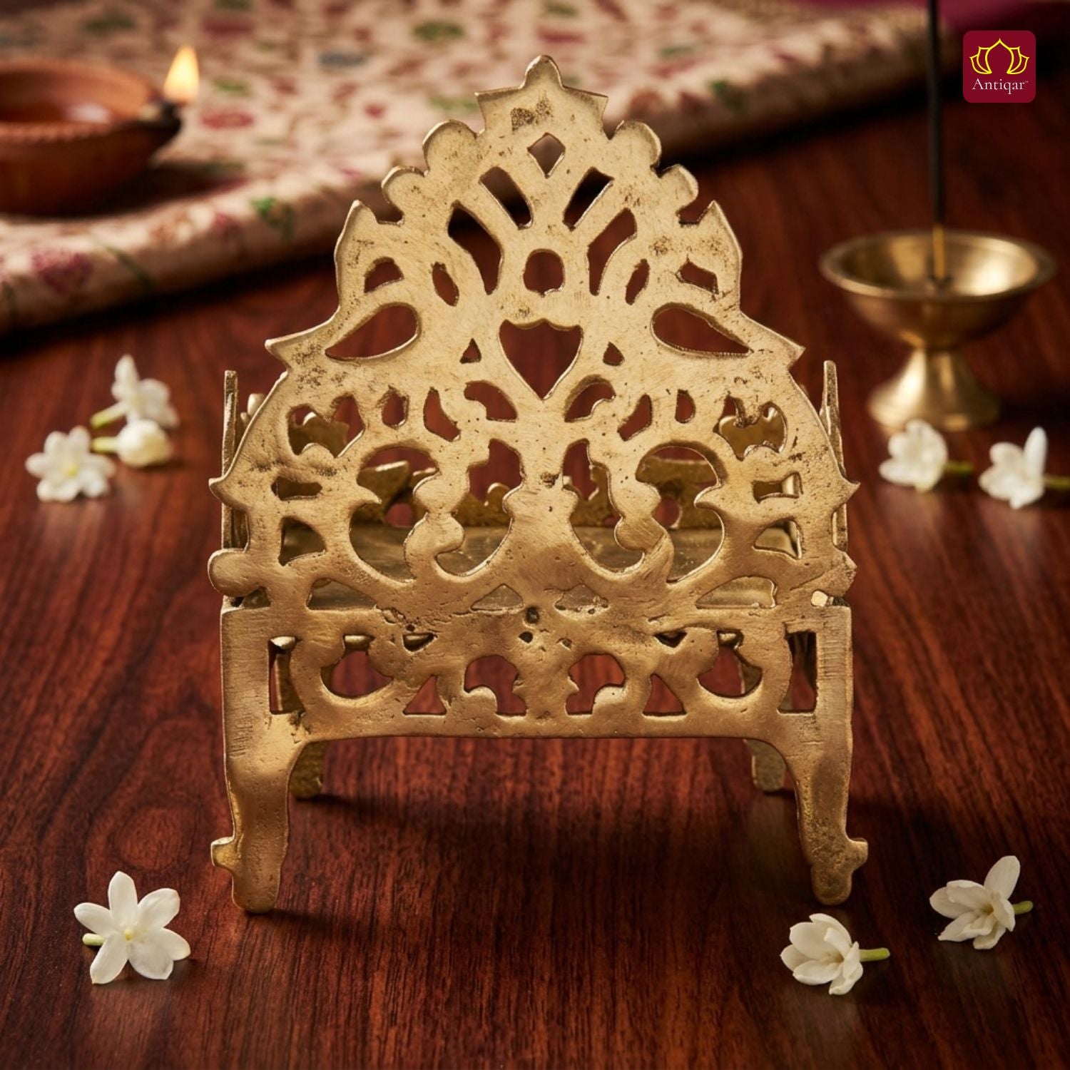 Brass Twin Peacock Embossed Design Laddu Gopal Singhasan – 19cm | Antique Golden Finish | Handcrafted Medium Size Throne for Temple, Home & Festival Decor