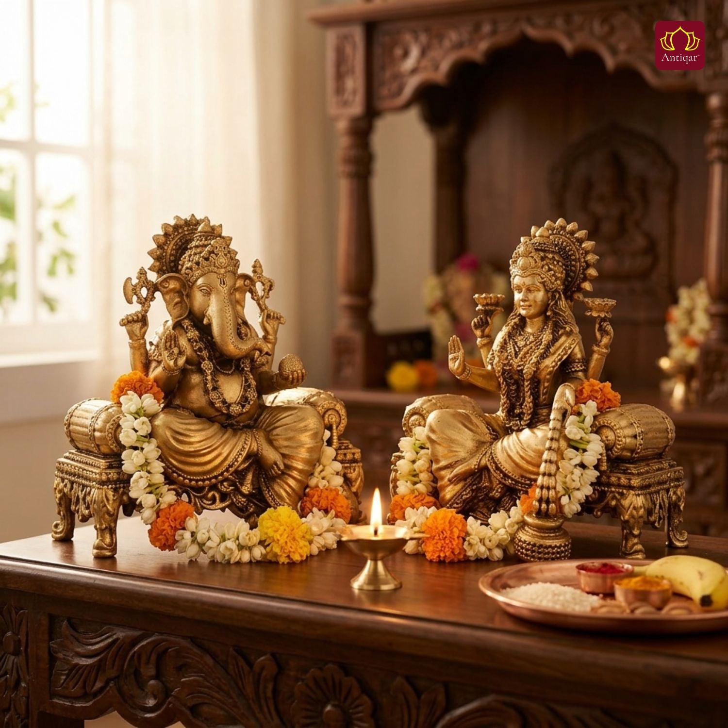 Brass Singhasan Ganesh Laxmi Pair Idol - 8cm | Antique Golden Finish | Spiritual Idol for Temple & Home Decor