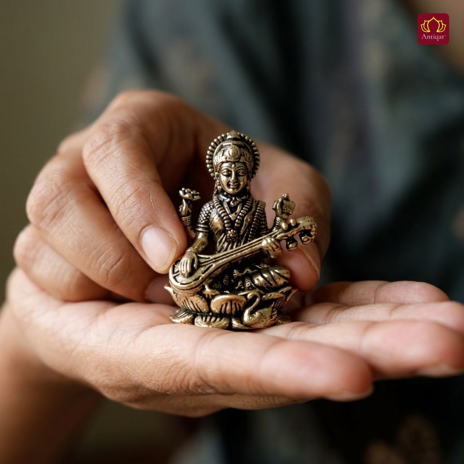 Brass Miniature Saraswati Ji Idol - 3cm | Antique Finish | Spritual use for Home, Temple & Car Dashboard Decor