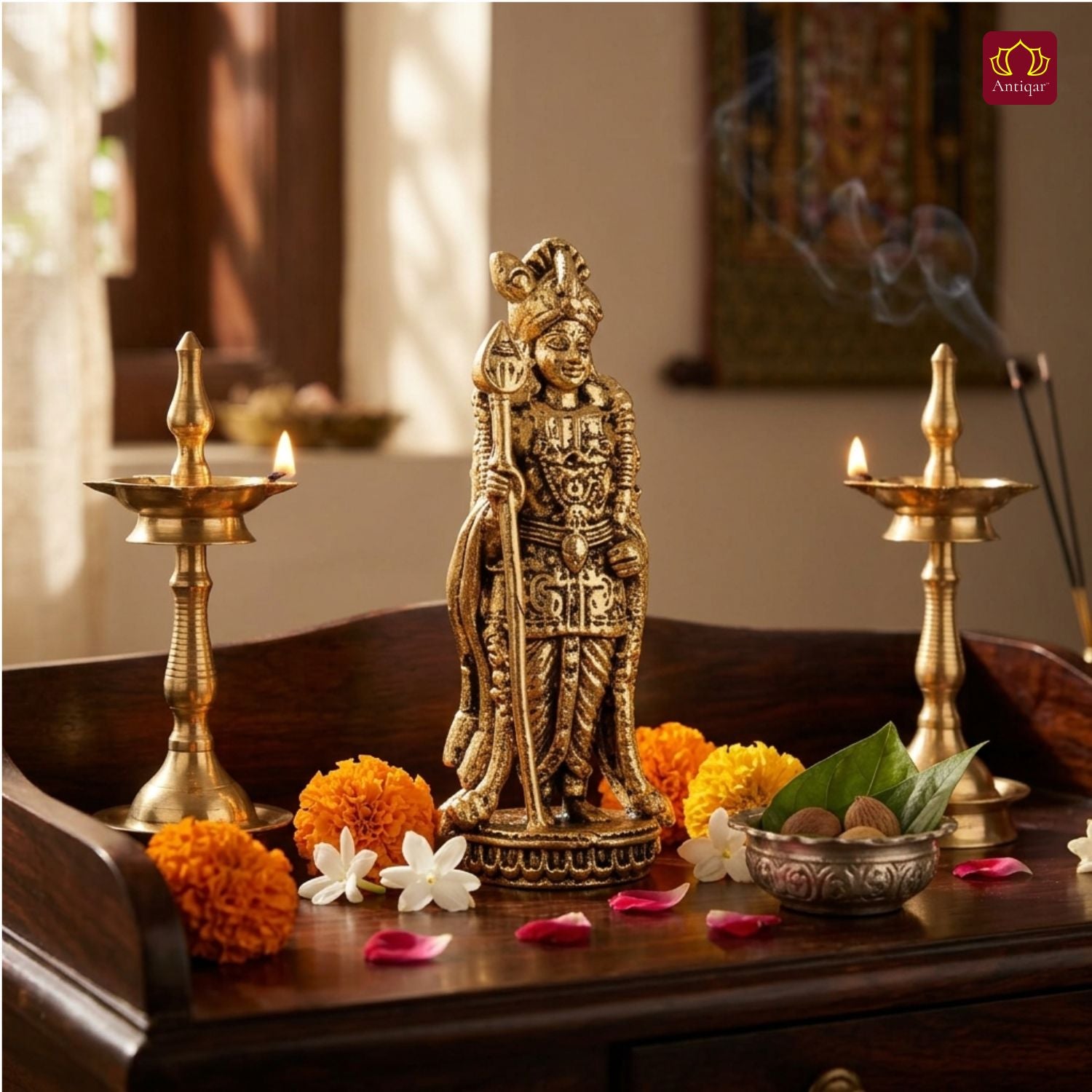 Brass Lord Palani Murugan Ji Idol - 7.5cm | Golden Finish | Spritual use for Home, Temple & Car dashboard Decor