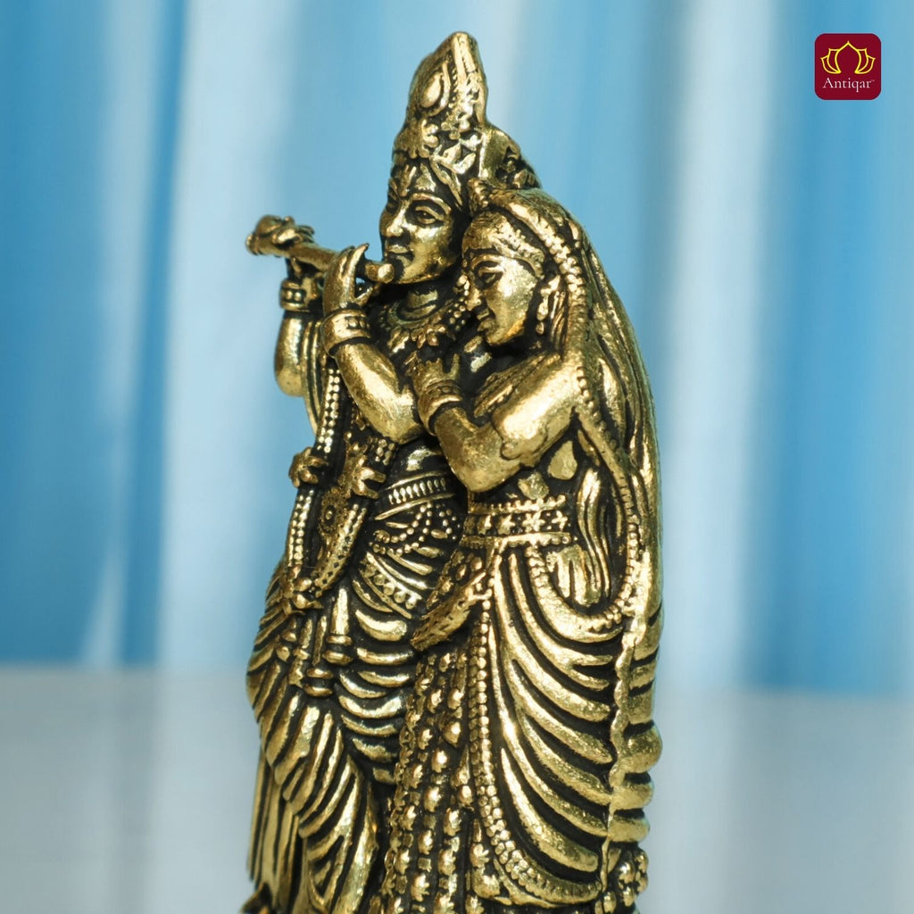 Brass Designer Radhakrishna Idol - 8.5cm | Antique Finish | Spiritual Idol for Temple & Home Decor