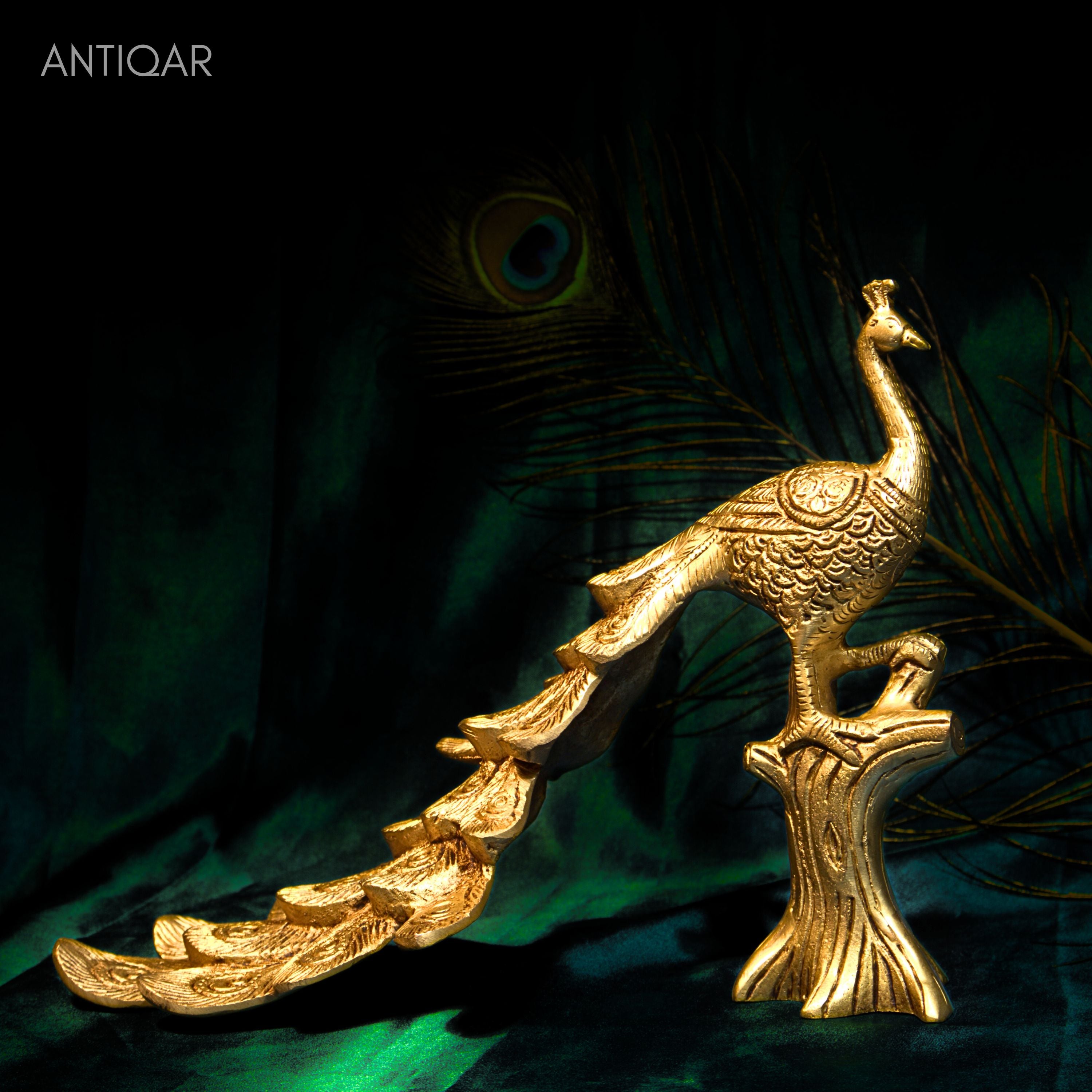 Brass Peacock Showpiece – 21 cm | Sitting on Tree Trunk Design | Antique Golden Finish | Handcrafted Decor for Temple, Home & Table