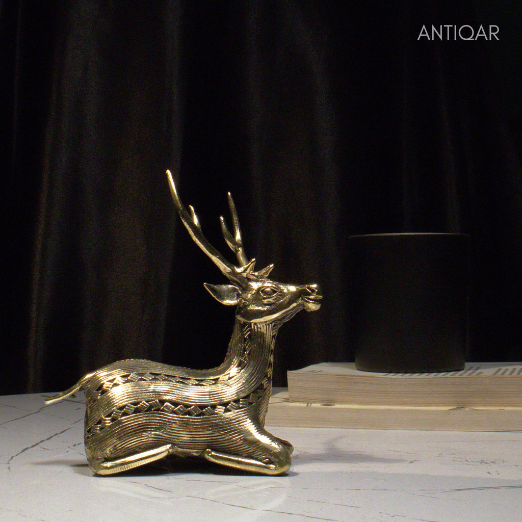 Dhokra Art Brass Deer – 17.5 cm | Sitting Pose in Antique Finish | Tribal Handcrafted Showpiece for Temple, Home & Table Decor