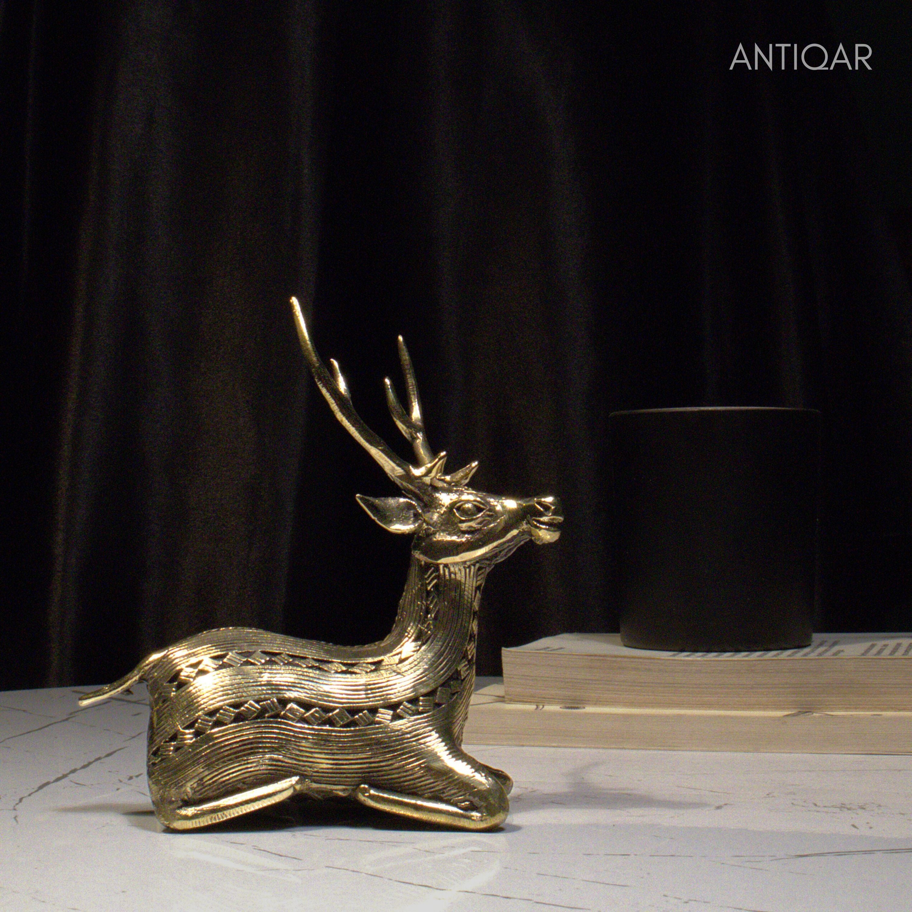 Dhokra Art Brass Deer – 17.5 cm | Sitting Pose in Antique Finish | Tribal Handcrafted Showpiece for Temple, Home & Table Decor