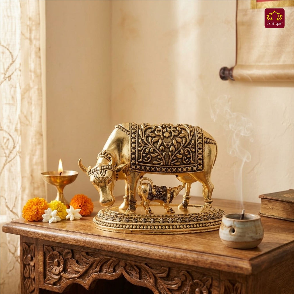 Brass Cow & Calf Figurine with Base -7cm | Golden Finish | Spritual use for Home, Temple & Dashboard Decor