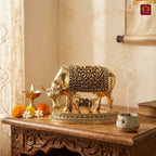 Brass Cow & Calf Figurine with Base -7cm | Golden Finish | Spritual use for Home, Temple & Dashboard Decor