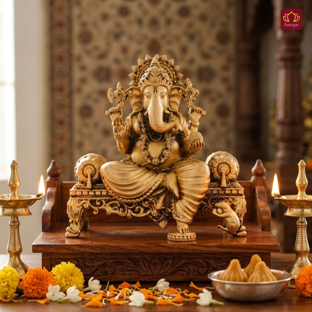 Brass Singhasan Ganesh Idol - 8cm | Antique Golden Finish | Spritual use for Home, Temple & Car dashboard Decor