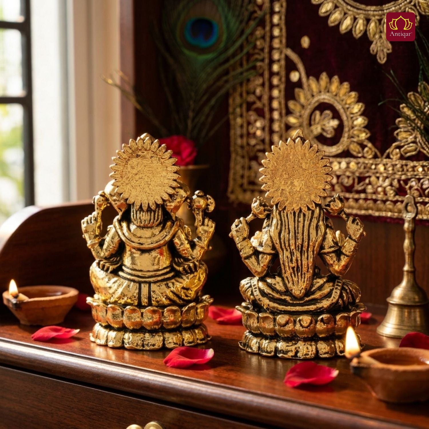 Brass Ganesh Laxmi Pair Idol - 4.5 cm | Golden Finish | Spiritual Idol for Temple & Home Decor