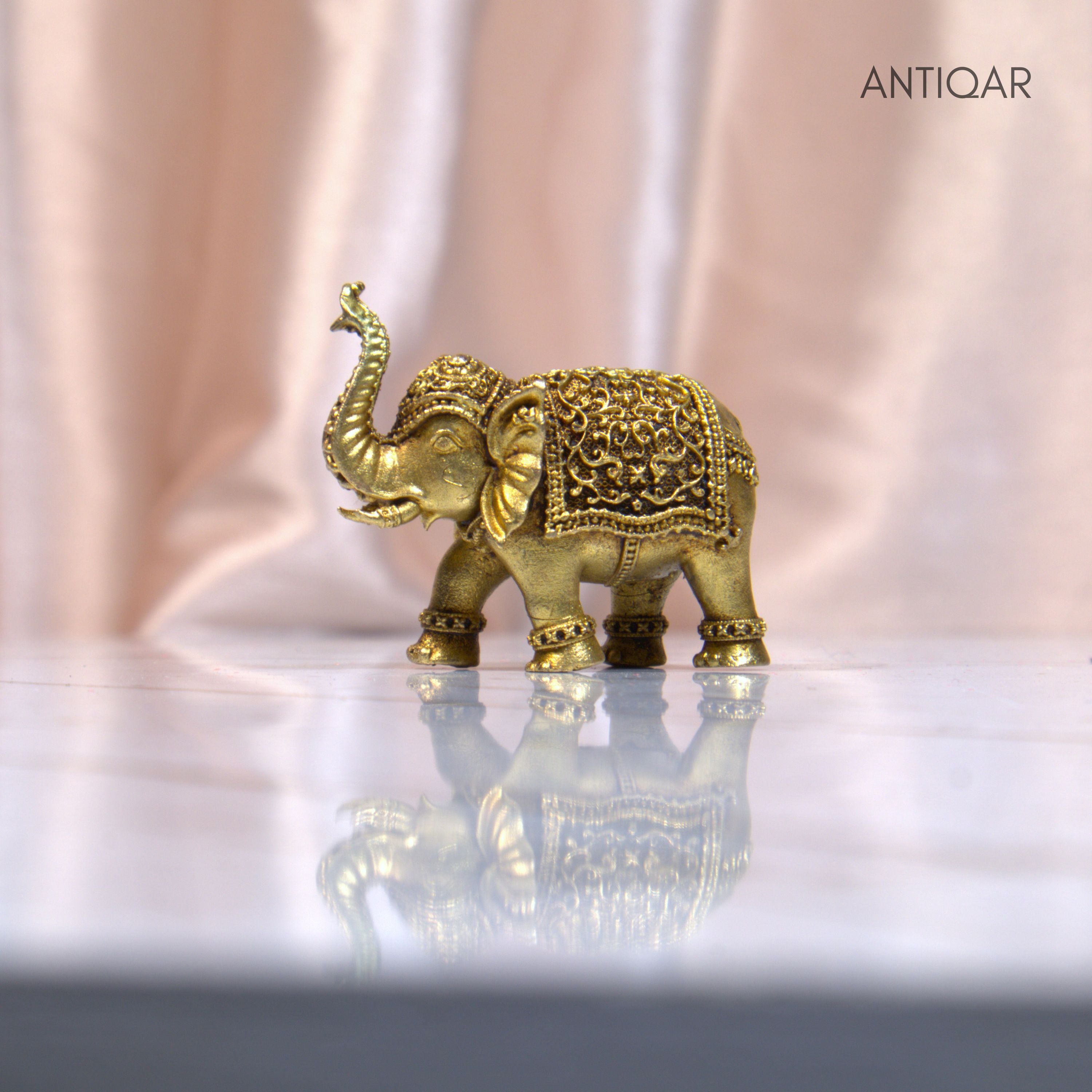 Brass Elephant Showpiece in Vintage Design - 3.5cm | Antique Golden Finish | Decorative Figurines for Temple, Home & Office