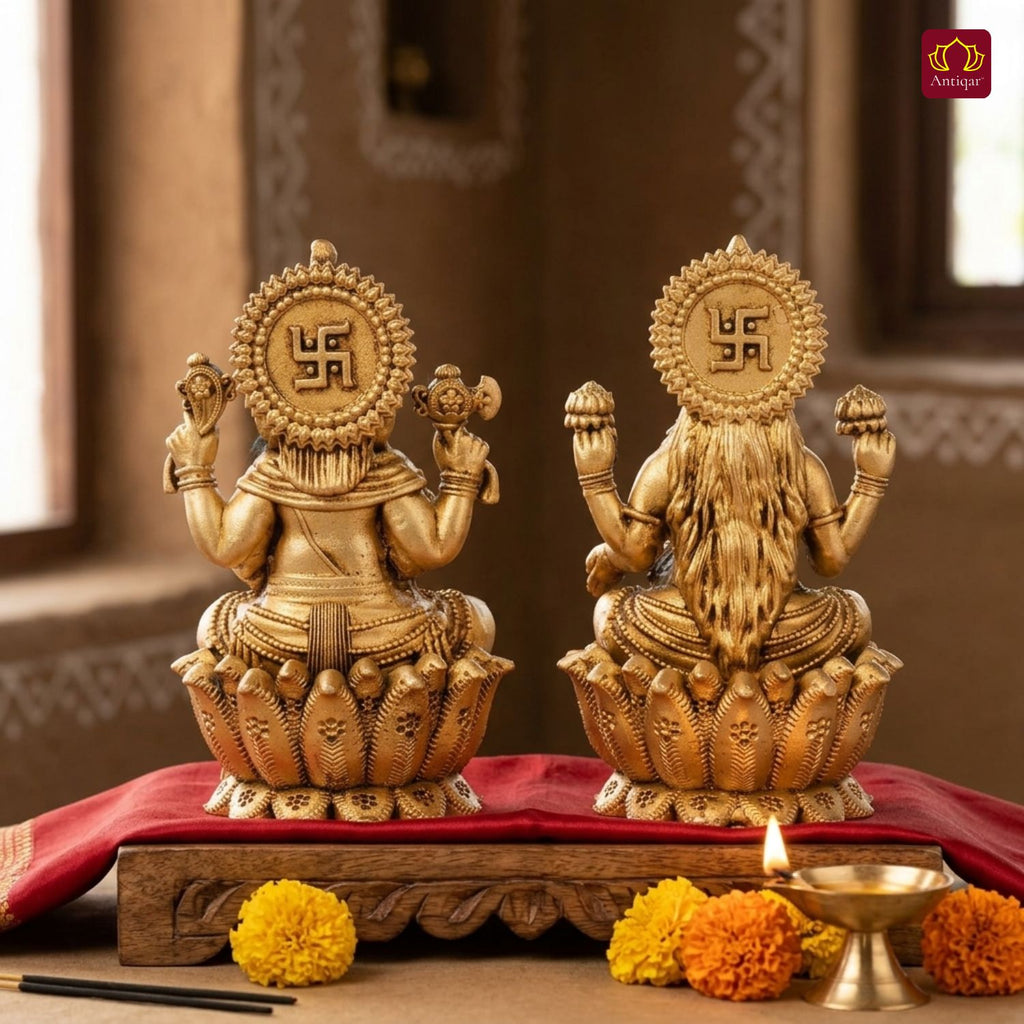 Brass Ganesh Laxmi pair Idol - 7.5cm| Sitting on Lotus | Antique Golden Finish | Spiritual Decor for Temple, Home & Car Dashboard