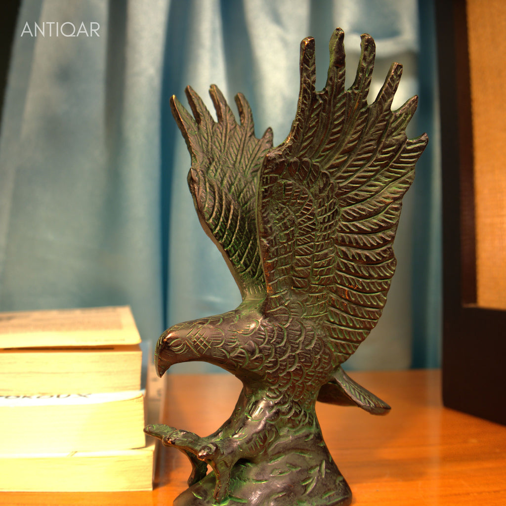 Brass Eagle with Upward Wing - 15.5cm | Green Patina Finish | Handcrafted Showpiece for Home Table Decor