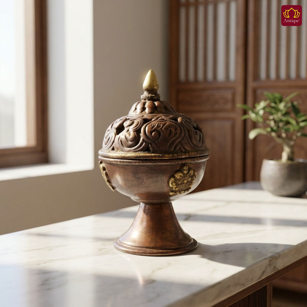 Antique Brass Tibetan Incense Burner - 11cm | Antique Patina Finish | Decorative Vessel use for Meditation , Rituals & Aromatherapy