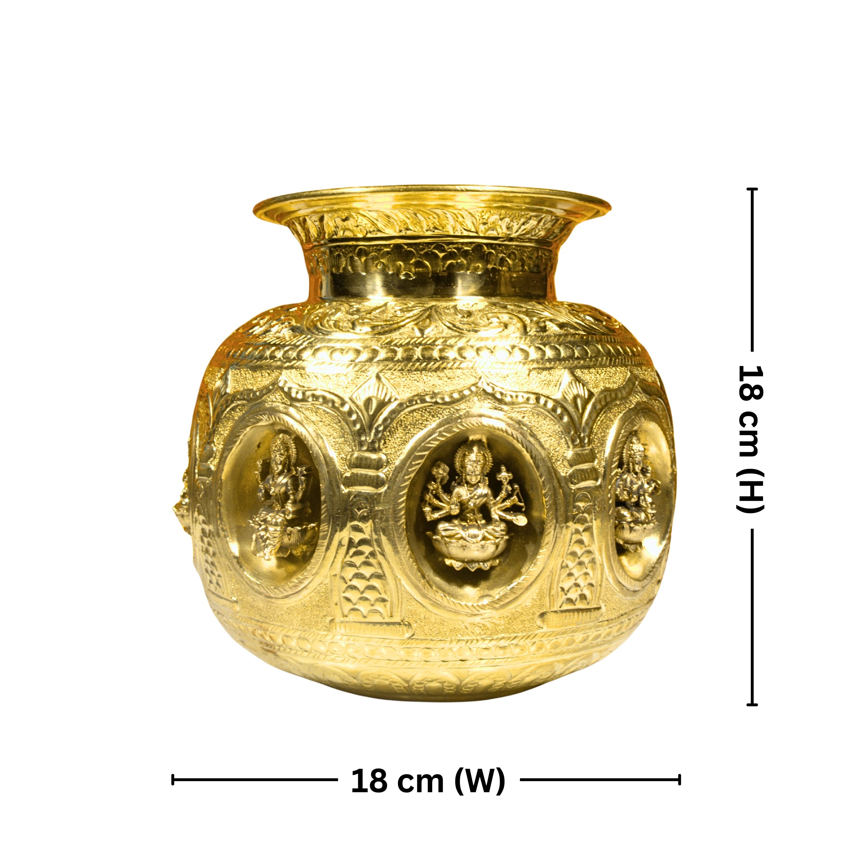 Brass Ashta Lakshmi Kalash - 18cm | Antique Yellow Finish | Spritual use for Pooja, Temple & Festival Decor
