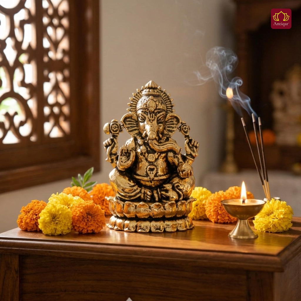 Brass Ganesh JI Idol - 4.5cm | Golden Finish | Spiritual Decor for Temple, Home & Car Dashboard