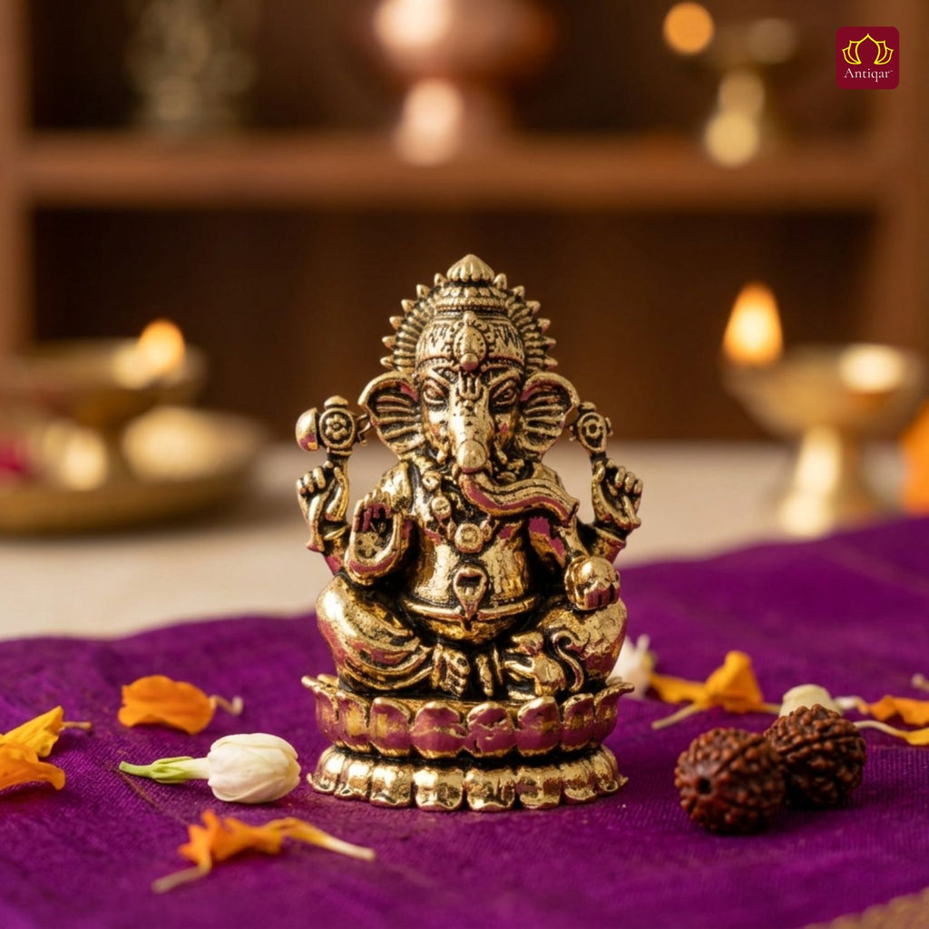 Brass Ganesh JI Idol - 4.5cm | Golden Finish | Spiritual Decor for Temple, Home & Car Dashboard
